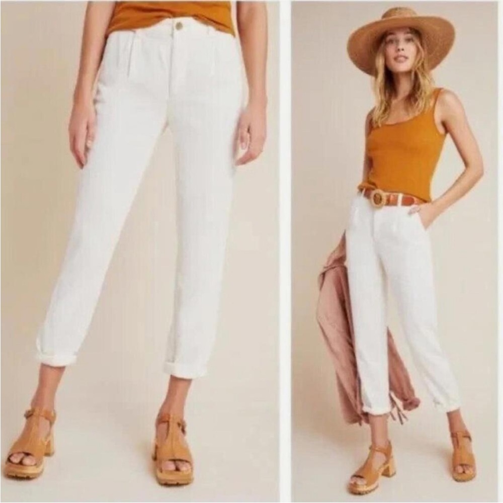 Anthropologie White Cropped Tapered High-Rise Trousers